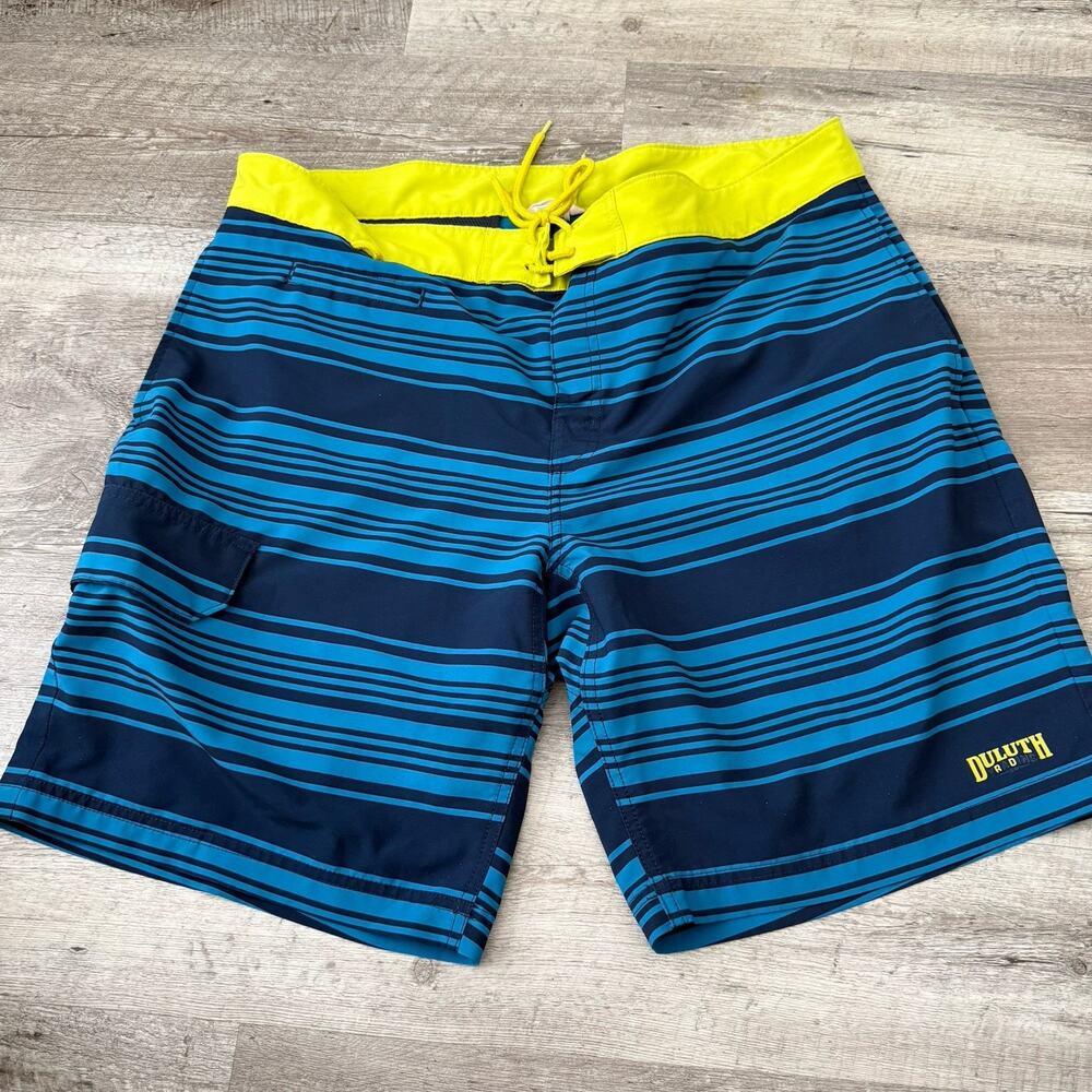 Duluth Trading Swim Trunks Mens 38 Navy Blue Striped Board Shorts Drawstring